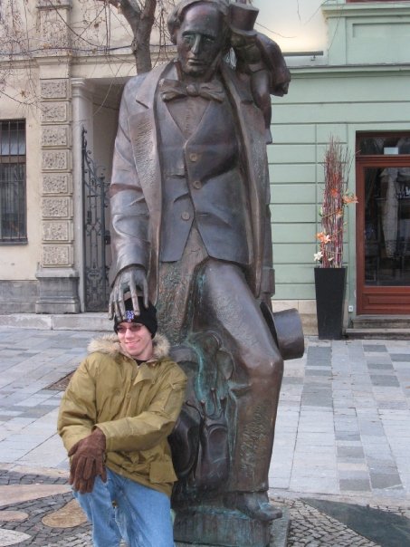 That's me, with the statue of Hans Christian Andersen in Bratislava.